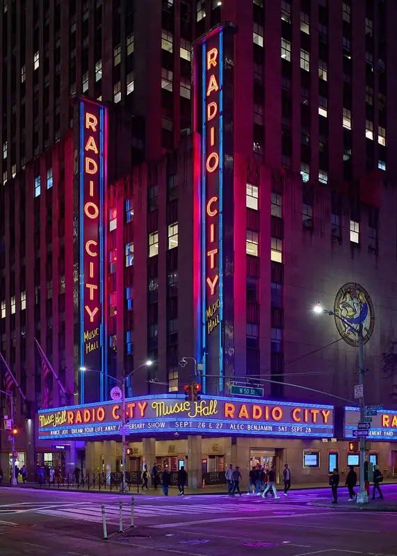 Radio City Music Hall lit up at night
